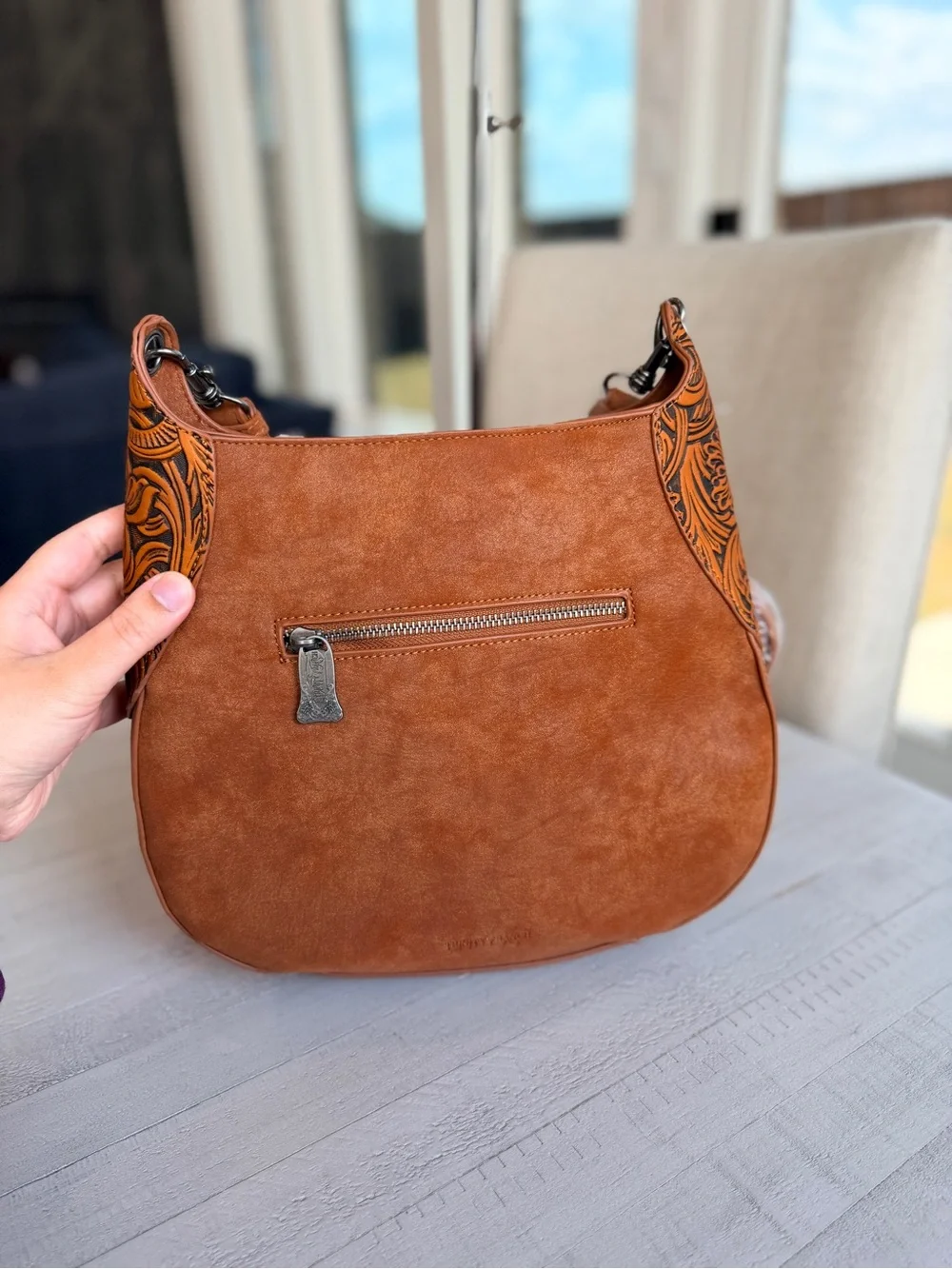 Trinity Ranch Cowhide ＆ Tooled Leather Hobo Crossbody Bag Brown